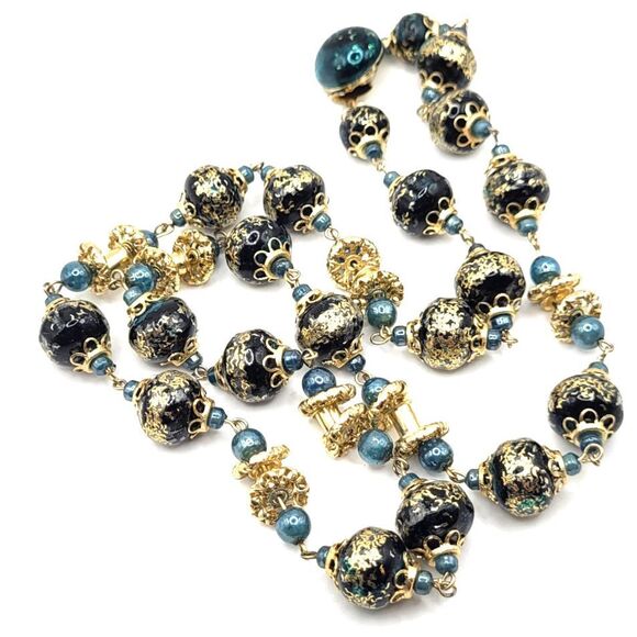 Vintage Bohemian Venetian Beaded Necklace Signed Hong Kong 26in - Picture 2 of 5